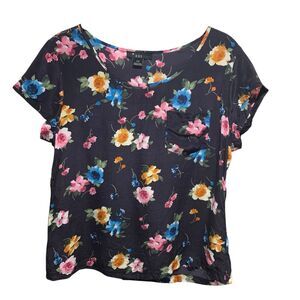 XXI Womens Navy Blue Floral Short Sleeve Boho Semi Sheer Silk Top S Cottagecore